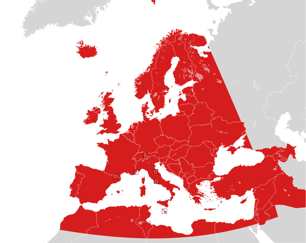  Carte des territoires qui font partie de la zone européenne de radiodiffusion (Wikipedia / Maix ImStevan)
